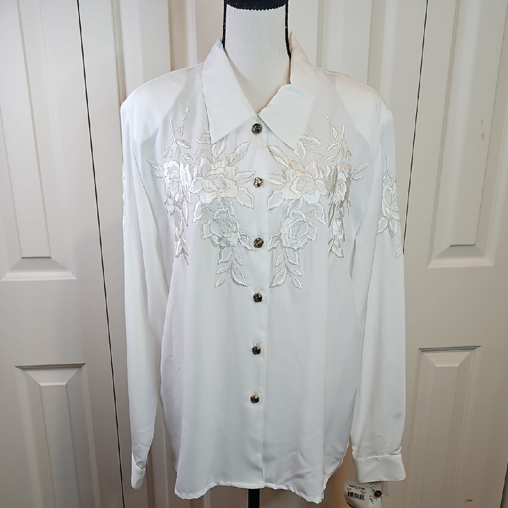 Kathy Che White Blouse Floral Embroidered Button-Up Shirt 14 Vintage
